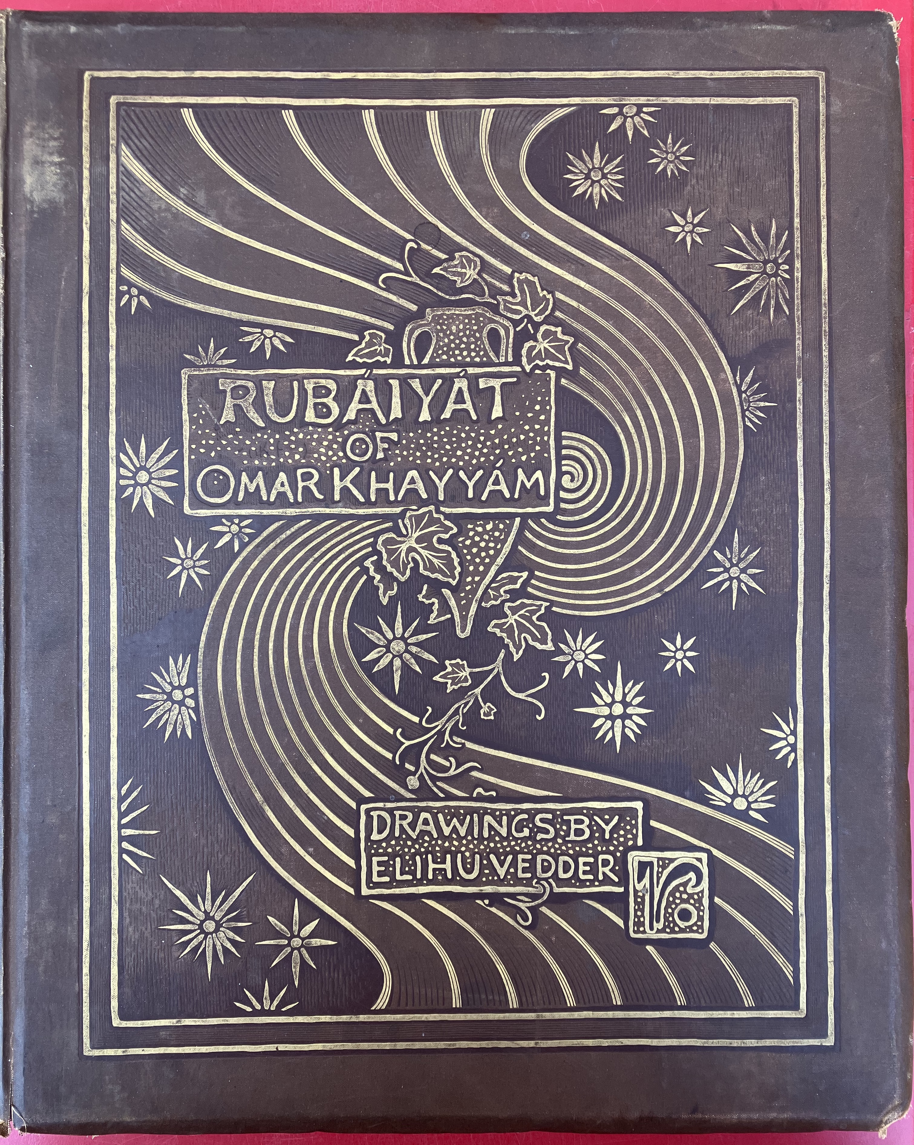 Image of the front cover design by Elihu Vedder for Houghton Mifflin's 1884 edition of The Rubaiyat of Omar Khayyam.