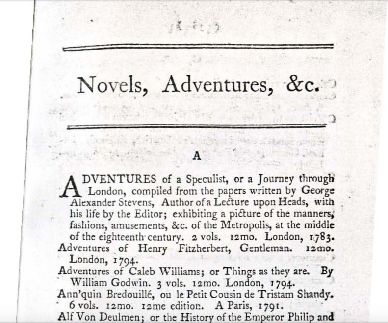 Heading of the “Novels and Adventures” section, located at the end of the 1800 catalog of the New York Society Library.