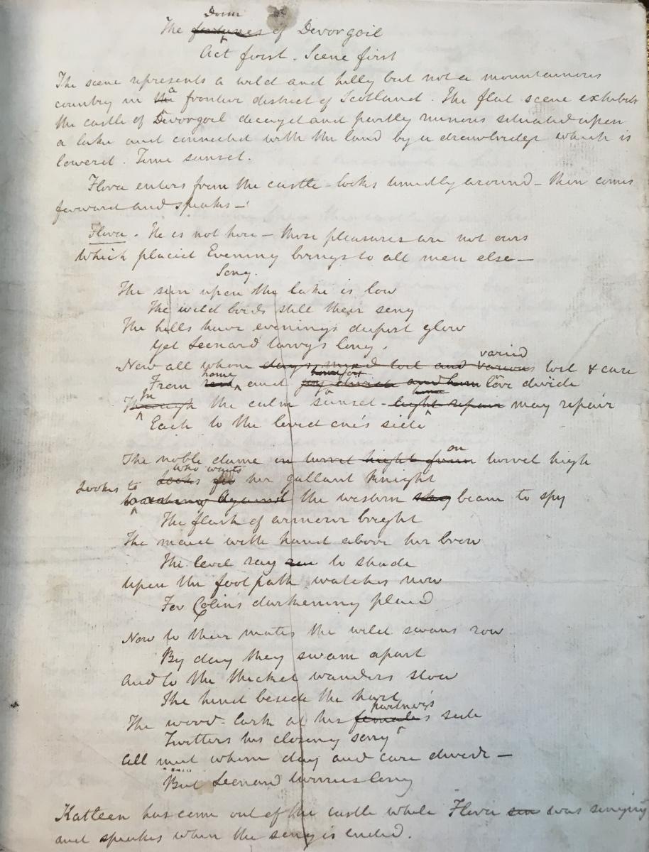 Opening page of The Doom of Devorgoil, in Sir Walter Scott's hand, with edits.