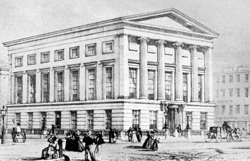 The New York Society Library at Broadway and Leonard Street in 1840.