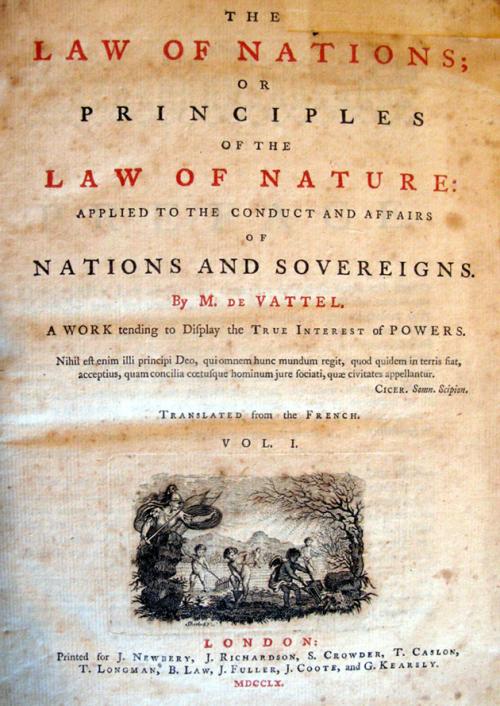 The title page of Vattel's Law of Nations, presented to the Library by the Mount Vernon Estate & Gardens.